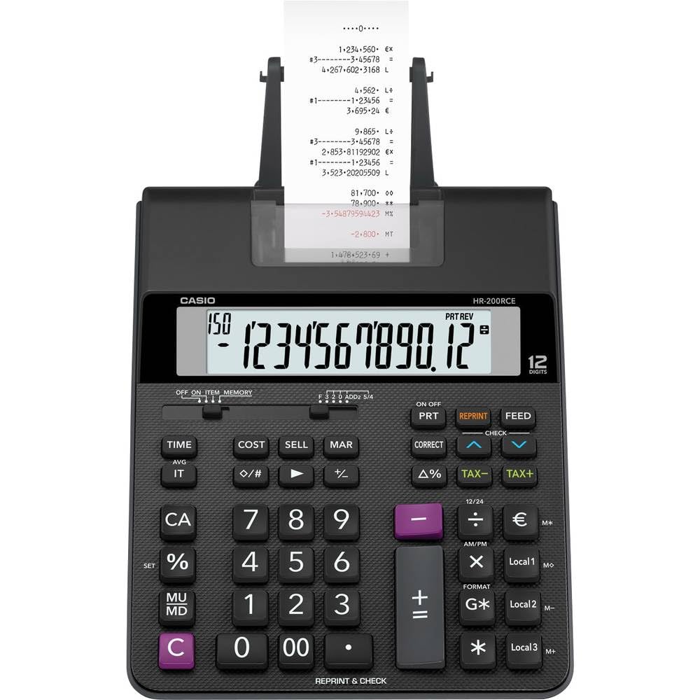 Casio Druckender Tischrechner HR-200RCE, 12-stellig, 2-Farbdruck, Wiederholungsdruck, Steuerberechnu