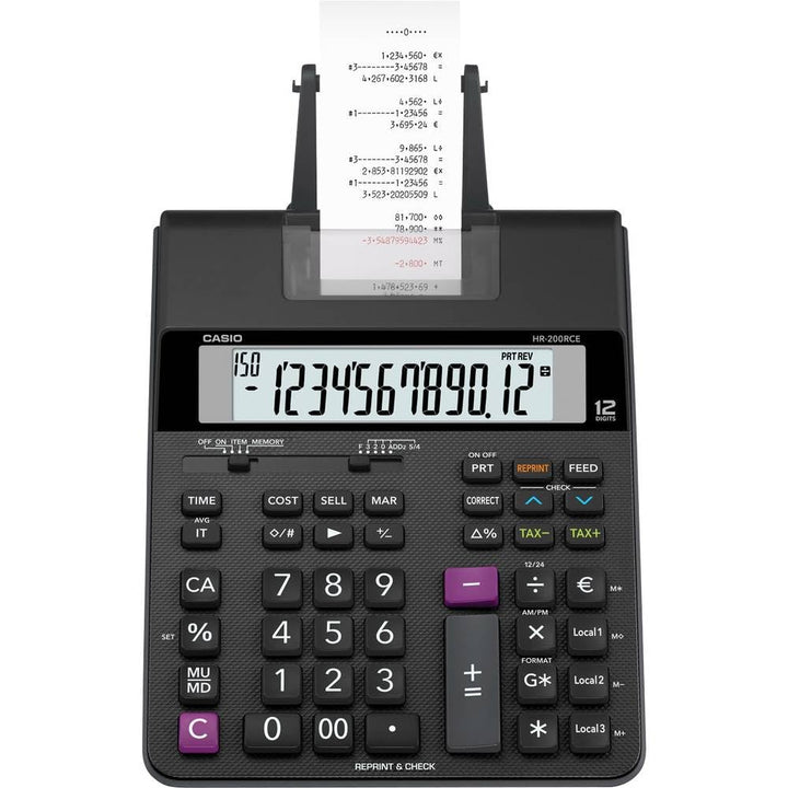 Casio Druckender Tischrechner HR-200RCE, 12-stellig, 2-Farbdruck, Wiederholungsdruck, Steuerberechnu