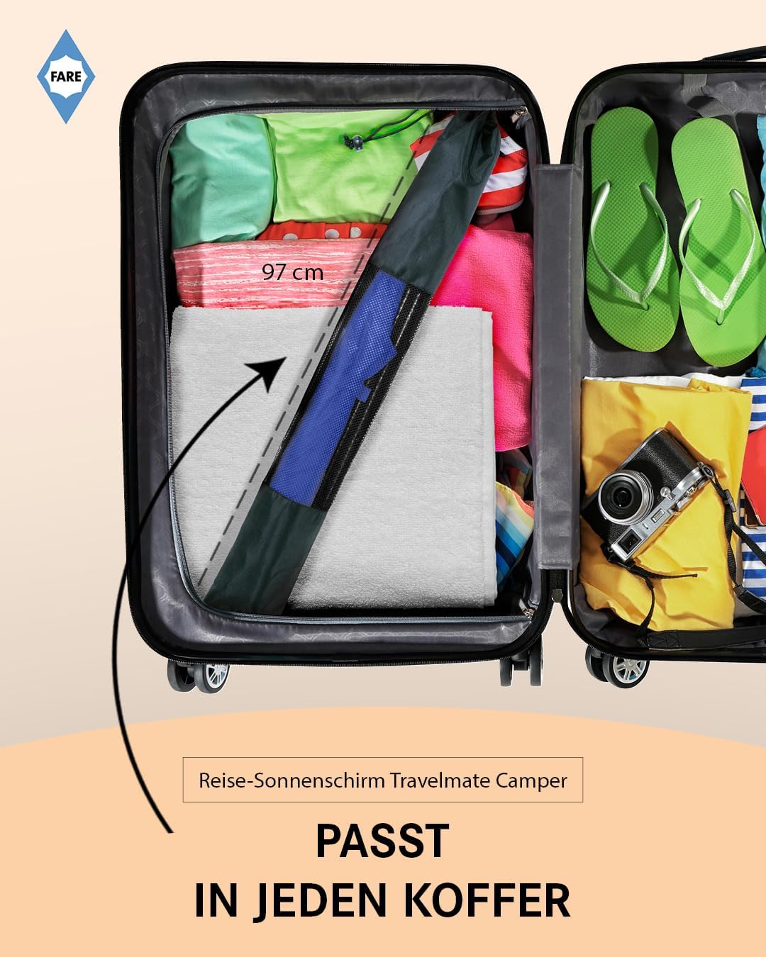 FARE Reise-Sonnenschirm Travelmate Camper UV Schutz 50+ für Koffer Flugzeug Camping Balkon Strand Ga