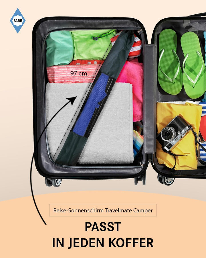 FARE Reise-Sonnenschirm Travelmate Camper UV Schutz 50+ für Koffer Flugzeug Camping Balkon Strand Ga
