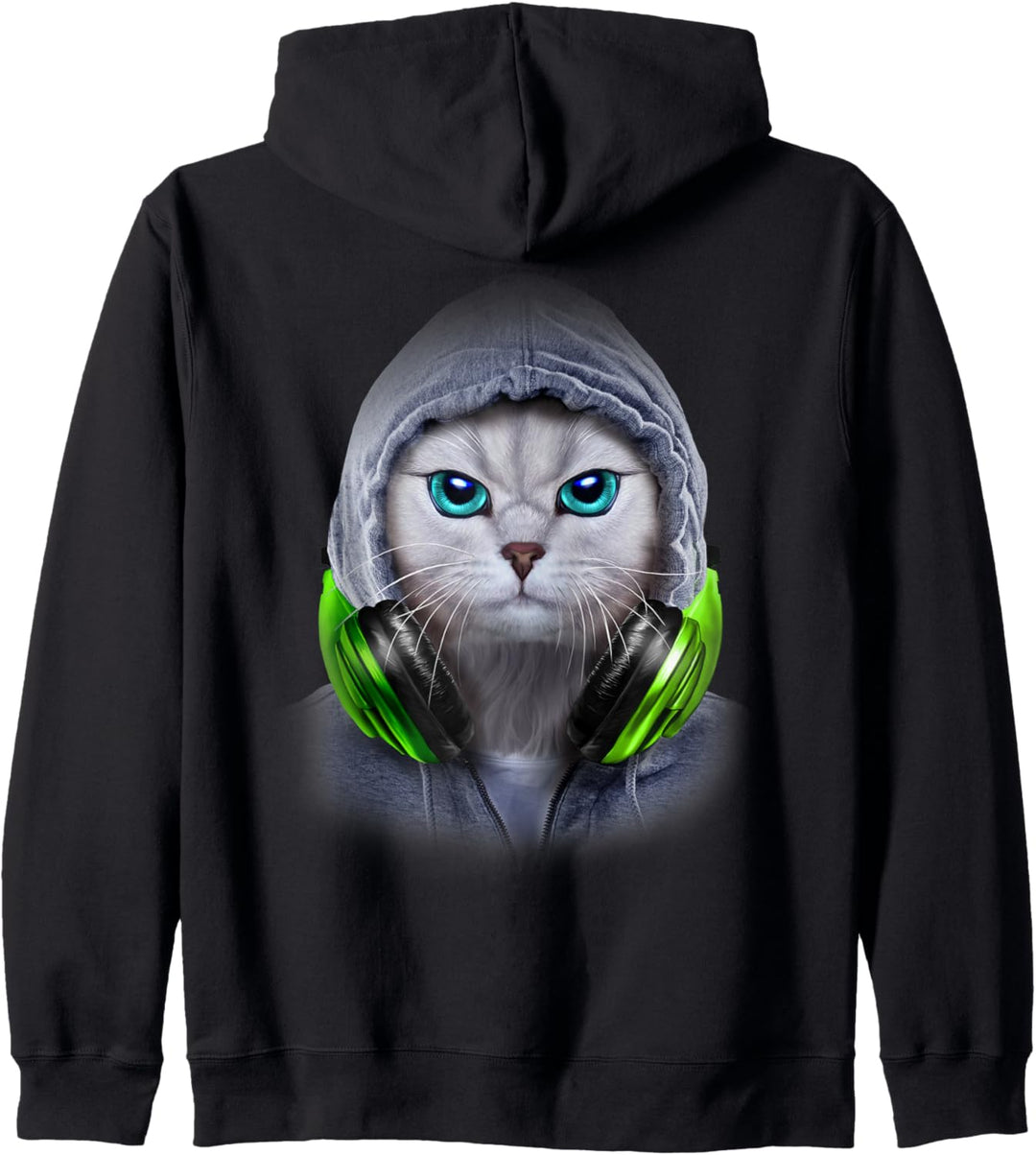 Weisse Katze in einem grauen Kapuzenpulli und Kopfhörern Kapuzenjacke