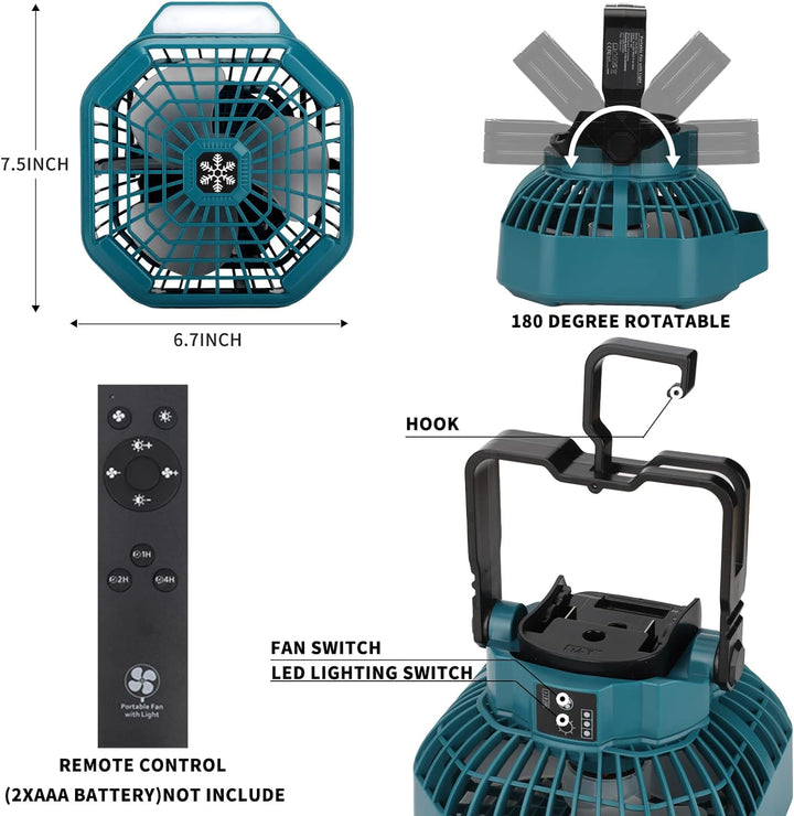 Taingwei Akku Ventilator mit Fernbedienung kompatibel mit Makita 18V Akku, leise Camping Ventilator