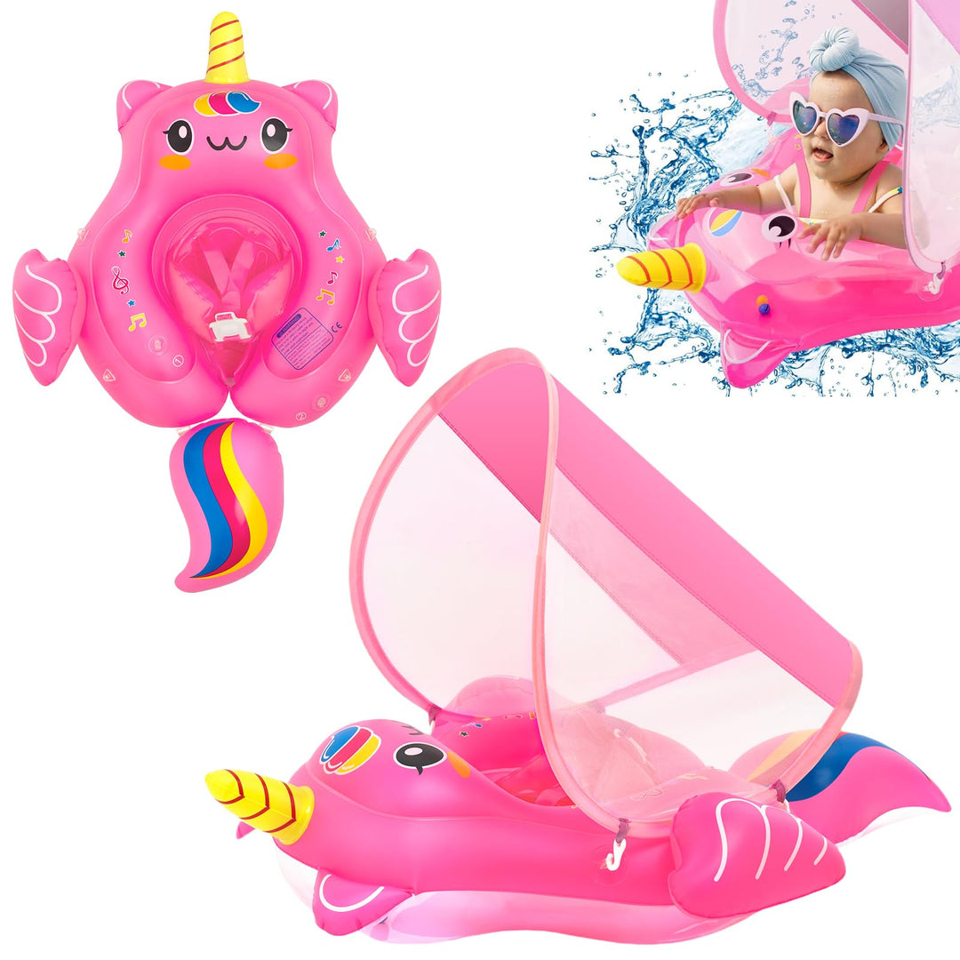 Baby Schwimmring mit UPF50+Sonnendach für ab 3-24 Monate,Aufblasbare Schwimmtrainer Schwimmhilfe Bab