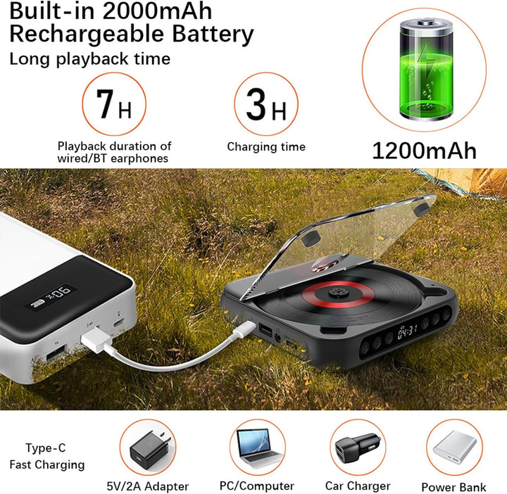 Kavolet Tragbarer CD-Player Walkman BT-Musik-Player, CD-Spieler mit staubdichter Abdeckung, Inklusiv