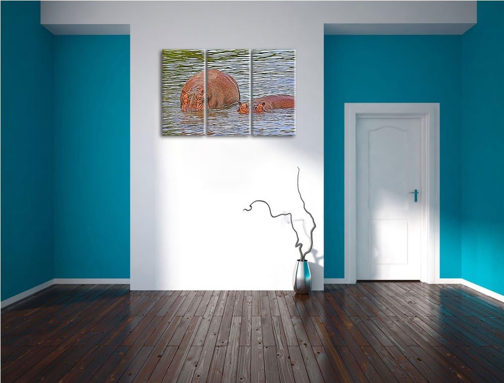 zwei Flusspferde im hohen Wasser NewArt 3-Teiler Leinwandbild 120x80 Bild auf Leinwand, XXL riesige