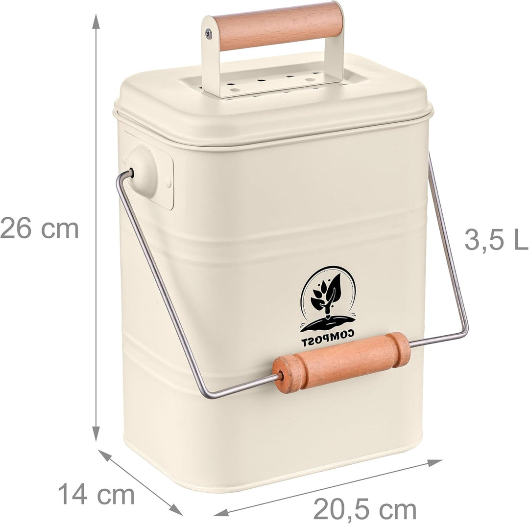 Relaxdays Komposteimer Küche, 3,5 Liter, 2 Aktivkohlefilter, Deckel, Henkel, Eisen & Holz, Biomüllbe