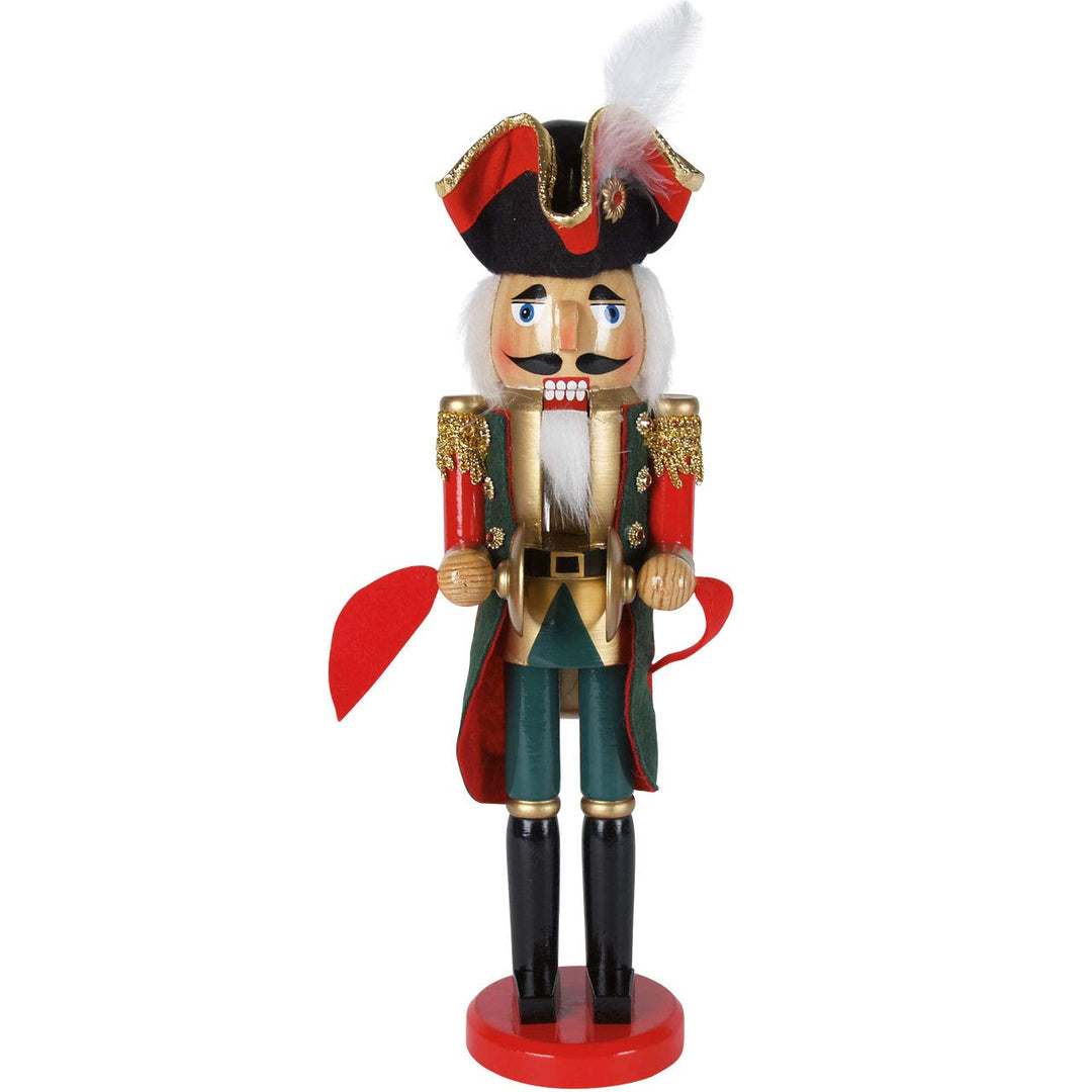 Nussknacker Holzfigur Soldat mit Federhut und Becken grün-rot / 38 cm/Deko Figur Nussknacker Holz/ha