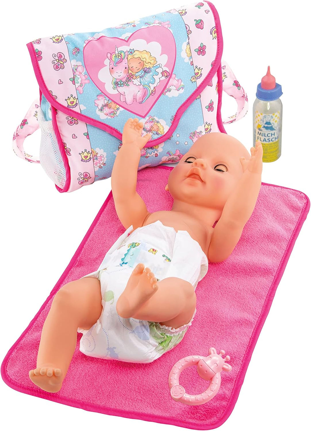 Heless 978 - Zubehör für Puppen, Wickeltasche im Design Einhorn Emil und Fee Emma mit viel Zubehör