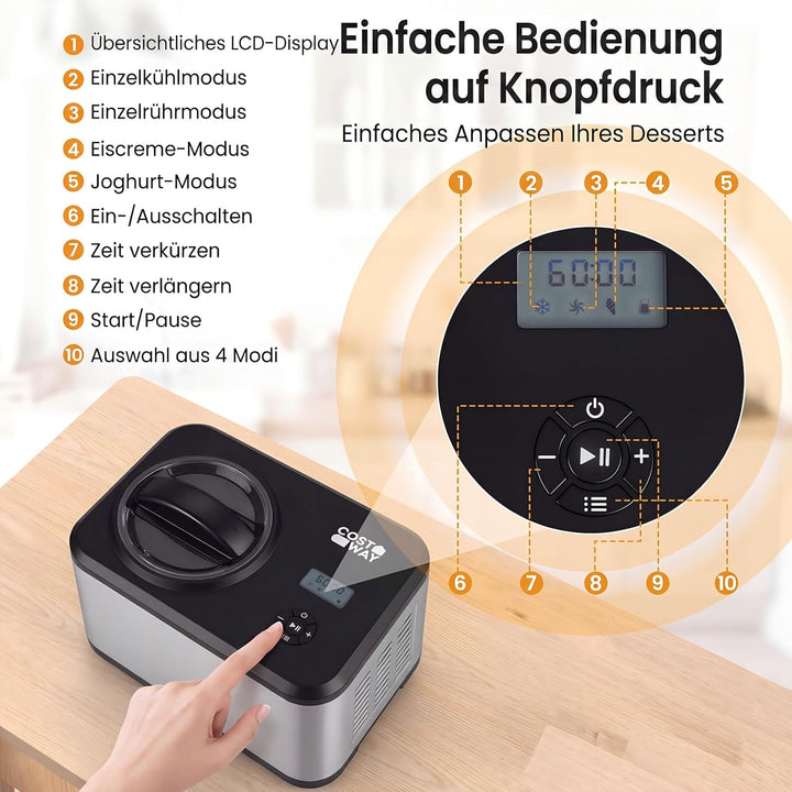 COSTWAY 2 in 1 Eismaschine mit Joghurtfunktion, Kompressor Eiscrememaschine 1,5 L für Eiscreme, Gela
