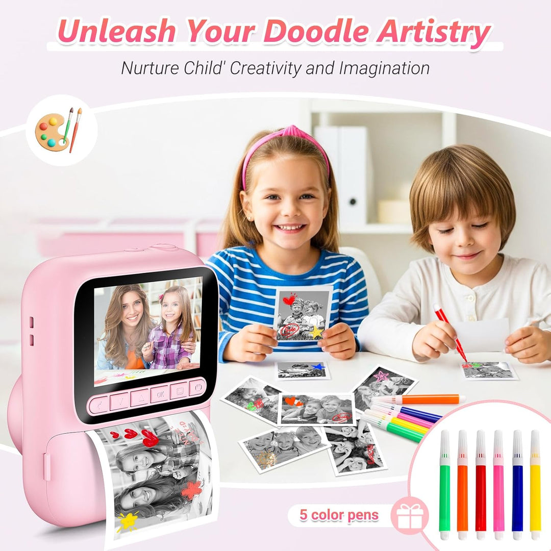Sofortbildkamera für Kinder,1080P Kinderkamera mit 5 Rollen Druckpapier,32GB-Karte und Farbstiften,T