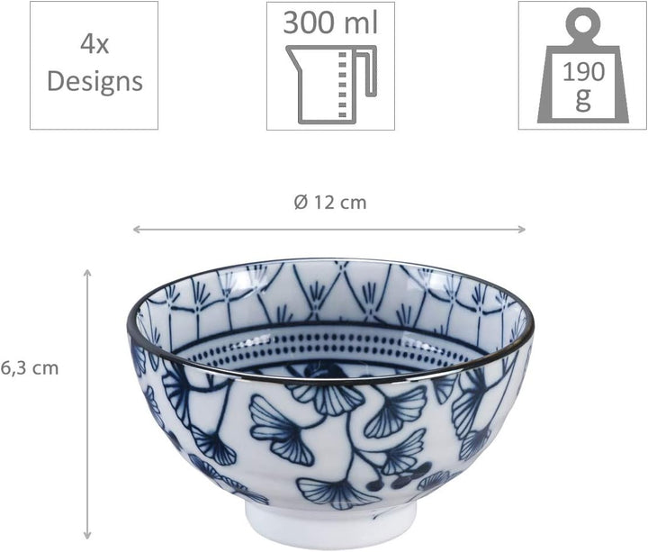 TOKYO design studio Flora Japonica 4-er Schalen-Set blau-weiss, Ø 12 cm, 6,3 cm hoch, ca. 300 ml, as