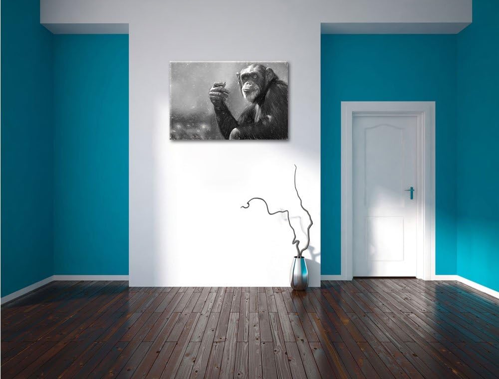 Pixxprint Aufmerksamer Schimpanse Kunst / 100x70cm Leinwandbild bespannt auf Holzrahmen/Wandbild Kun