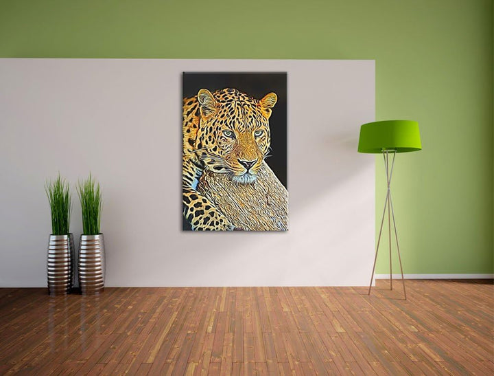 Dark Ruhiger Leopard Deluxe Format: 100x70 cm auf Leinwand, XXL riesige Bilder fertig gerahmt mit Ke