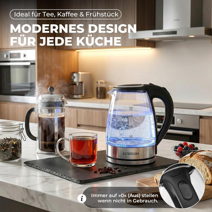 Glas-Wasserkocher 1,8L aus Borosilikatglas & BPA-frei - 2200W mit Blitzaufheizung | Automatische Abs