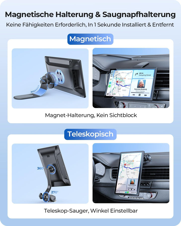 9" Drahtloses Tragbares 60FPS Car Play Display für Apple CarPlay & Android Auto, Magnetische Halteru