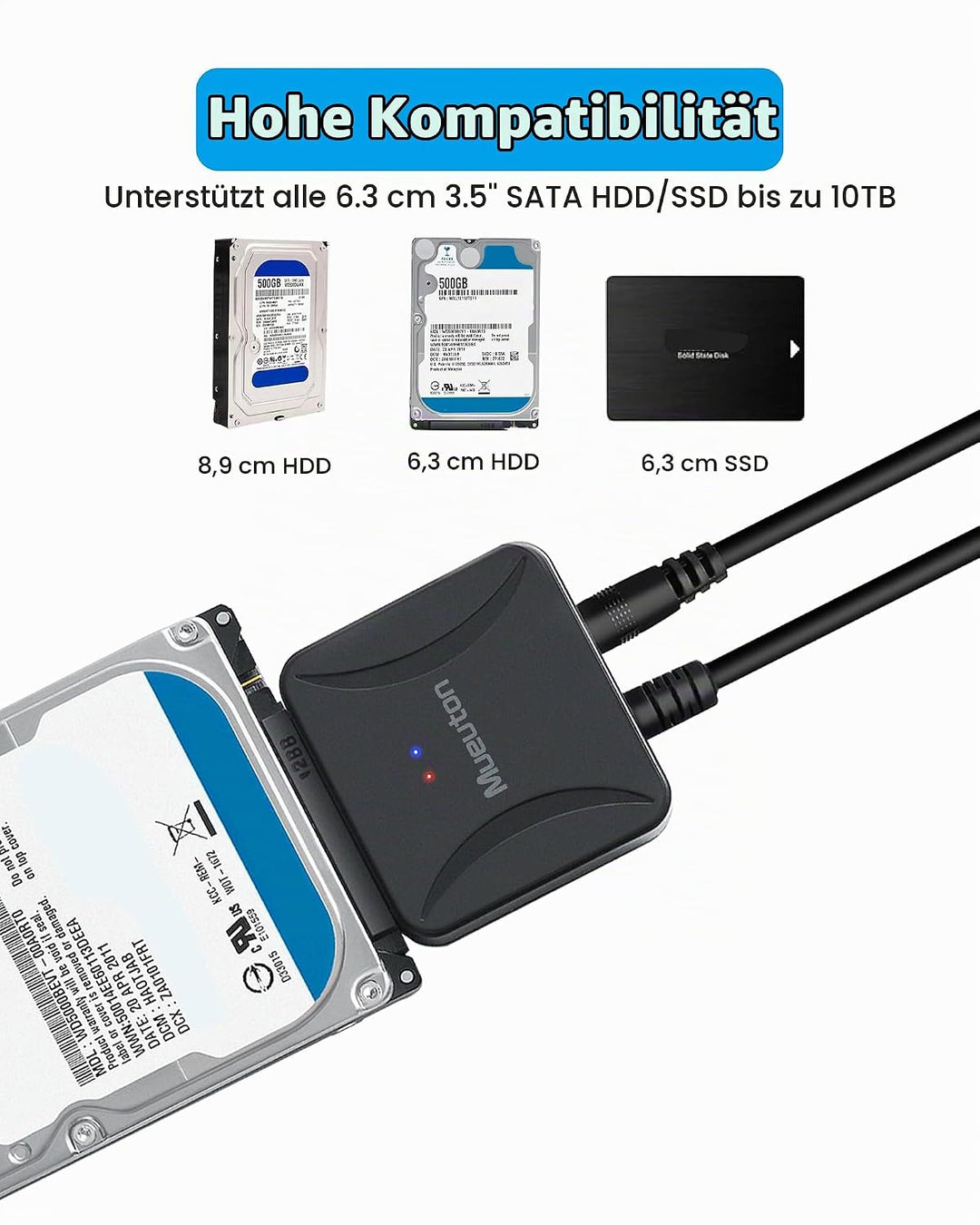 Mueuton SATA USB Adapter, USB 3.0 auf SATA III Festplattenadapter für 2,5 Zoll / 3,5 Zoll HDD/SSD Fe