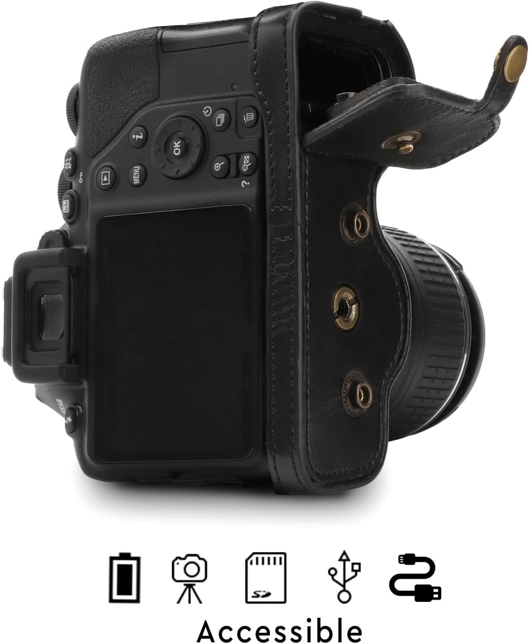 MegaGear MG1535 Nikon D3500 Ever Ready Leder Kamera-Case mit Trageriemen - Schwarz, Schwarz