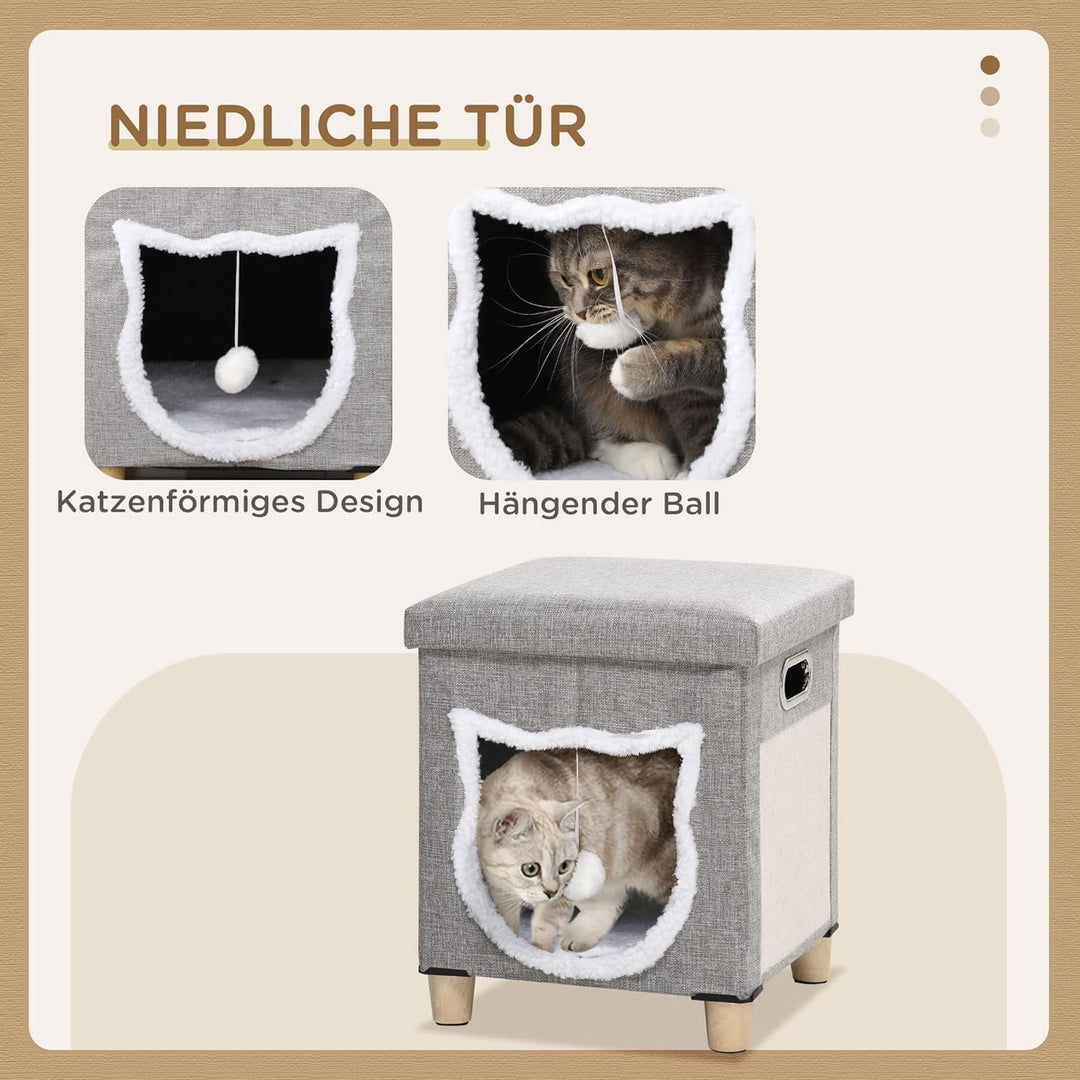 PawHut Katzenhöhle Katzenbett mit waschbarem Kissen, Kratzmatte, Spielball, Anti-Rutsch-Fussmatten K
