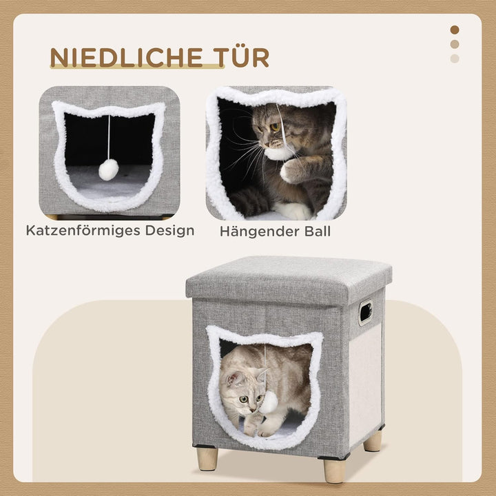 PawHut Katzenhöhle Katzenbett mit waschbarem Kissen, Kratzmatte, Spielball, Anti-Rutsch-Fussmatten K