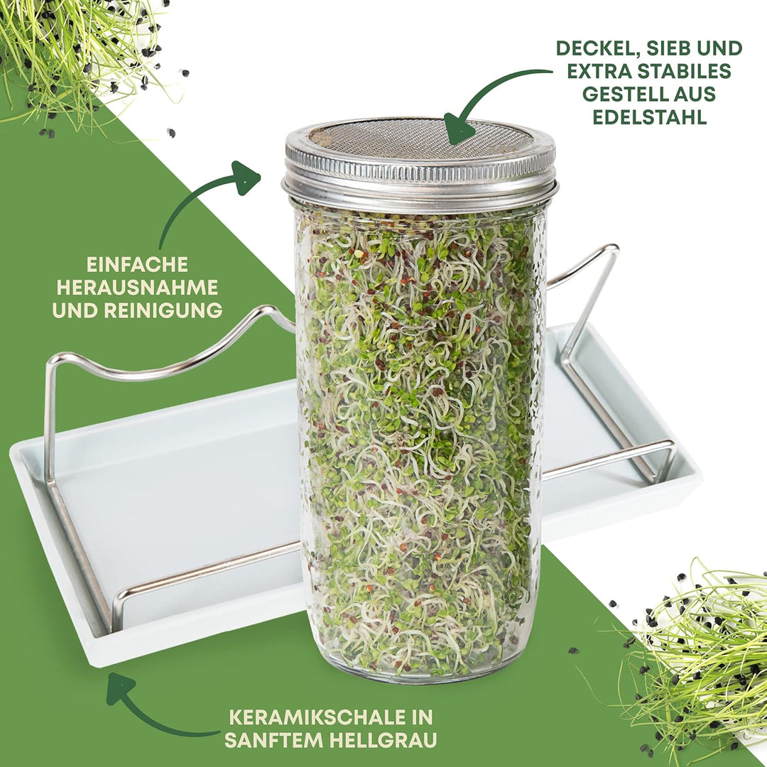Cressery® Sprossenglas Keimglas 3er Set [grau] mit Deckel &amp; Sieb aus hochwertigem Edelstahl für Spro