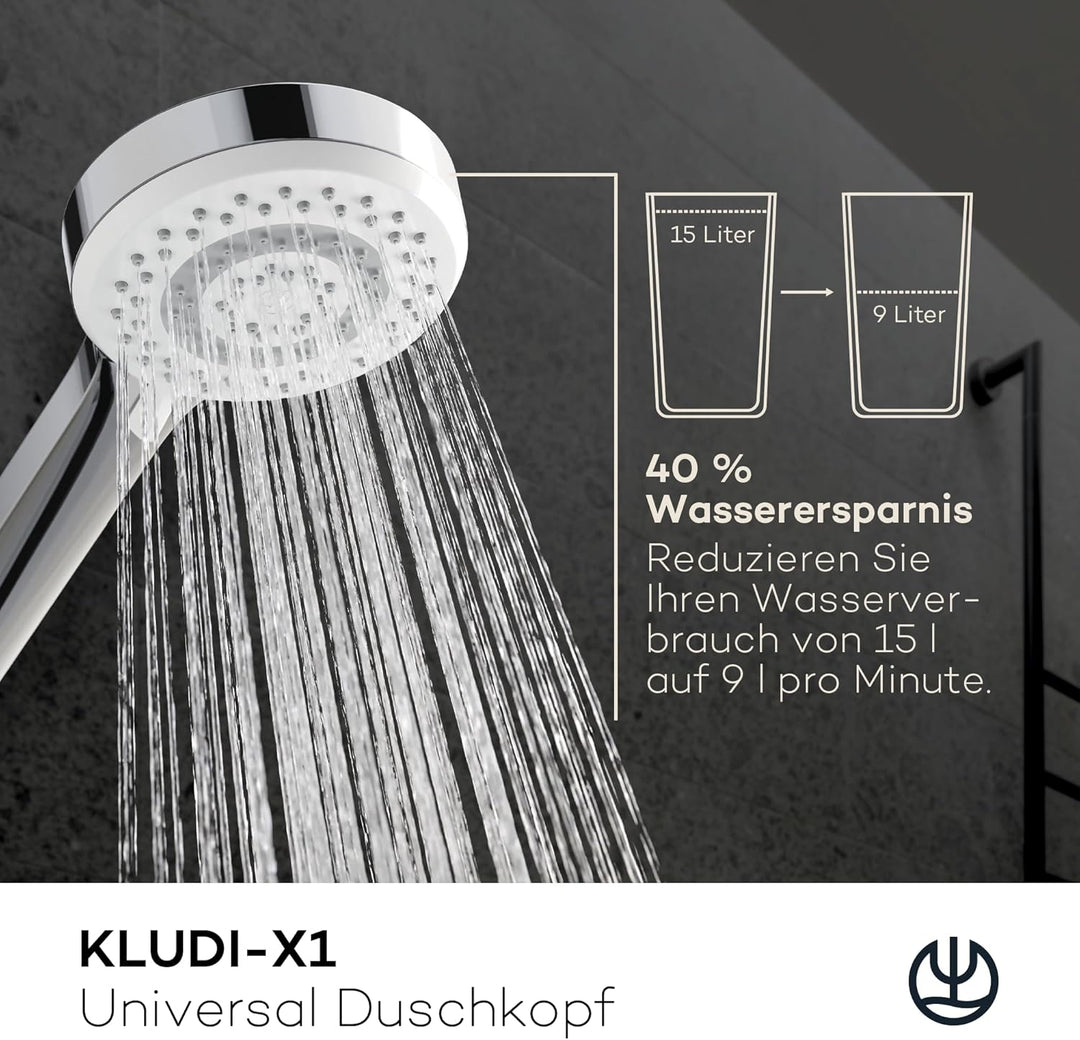 KLUDI-X1 Universal Duschkopf wassersparend als Option, Duschbrause mit 3 Strahlarten (Body, Hair, Sk