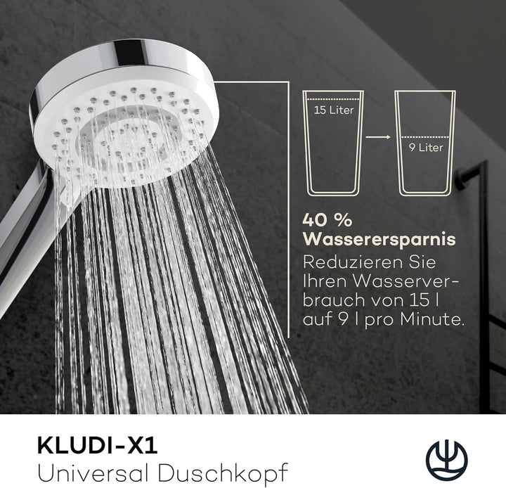 KLUDI-X1 Universal Duschkopf wassersparend als Option, Duschbrause mit 3 Strahlarten (Body, Hair, Sk
