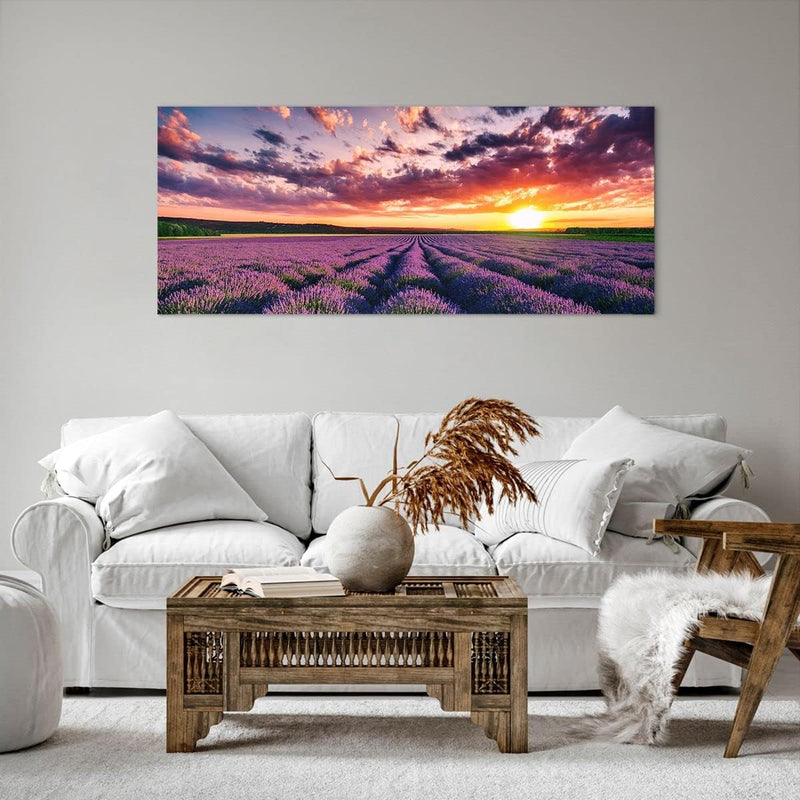 Wandbilder Dekoration Wohnzimmer Lavendel Berge Feld Panorama Bilder auf Leinwand 120x50cm Leinwandb