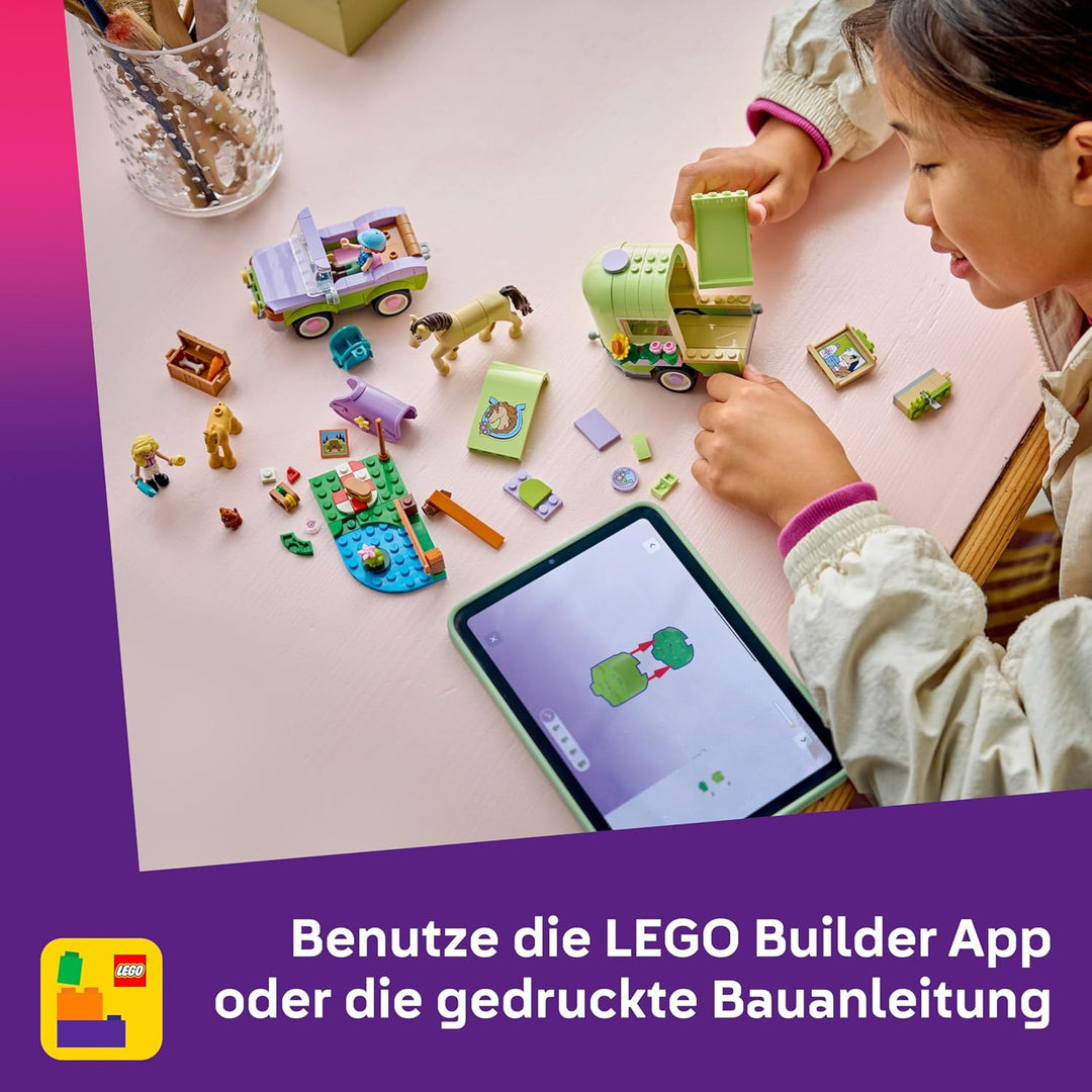 LEGO Friends Pferd und Fohlen mit Pferdeanhänger - Pferde Spielset mit Pflegezubehör, 4 Tierfiguren,