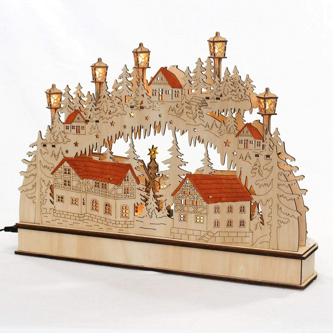 Dekohelden24 LED Holz Schwibbogen mit bewegtem Weihnachtsbaum, Motiv: Schneemann und Wanderfiguren,