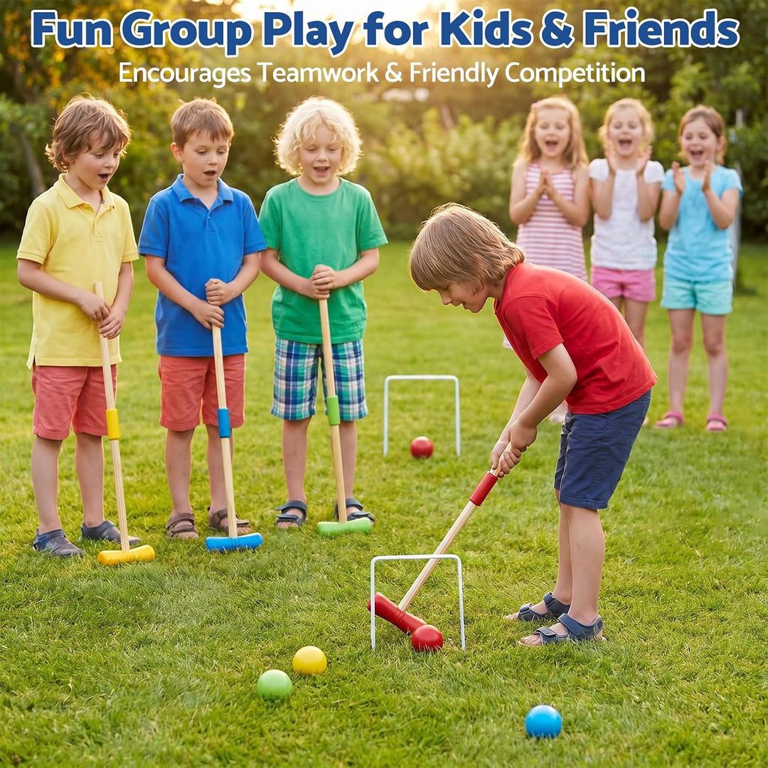 WOODENFUN Holz Krocket Set Spiel Crocket für 4 Spieler Kinder Erwachsene Aussenbereich Krocketspiel