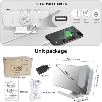 Exmate Projektionswecker, Digital Wecker mit Projektion, USB-Ladeanschluss, 7.5'' grosses Spiegel-LE