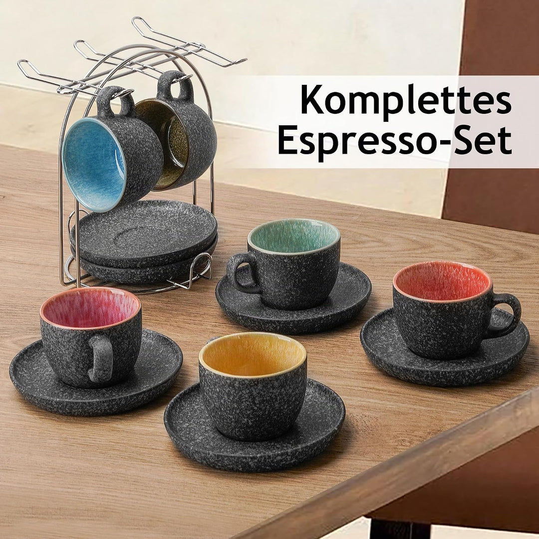 MIAMIO - Espressotassen 80 ml - Las Palmitas Collection (Dunkelgrau) | mit Untertassen, aus Keramik,