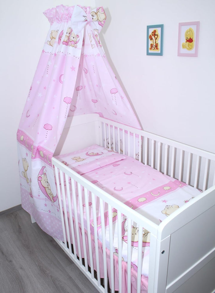 Baby Bettset Bettwäsche mit Himmel Vollstoff - Bärchen Rosa - Bettausstattung Set (7 teilig), 7 teil