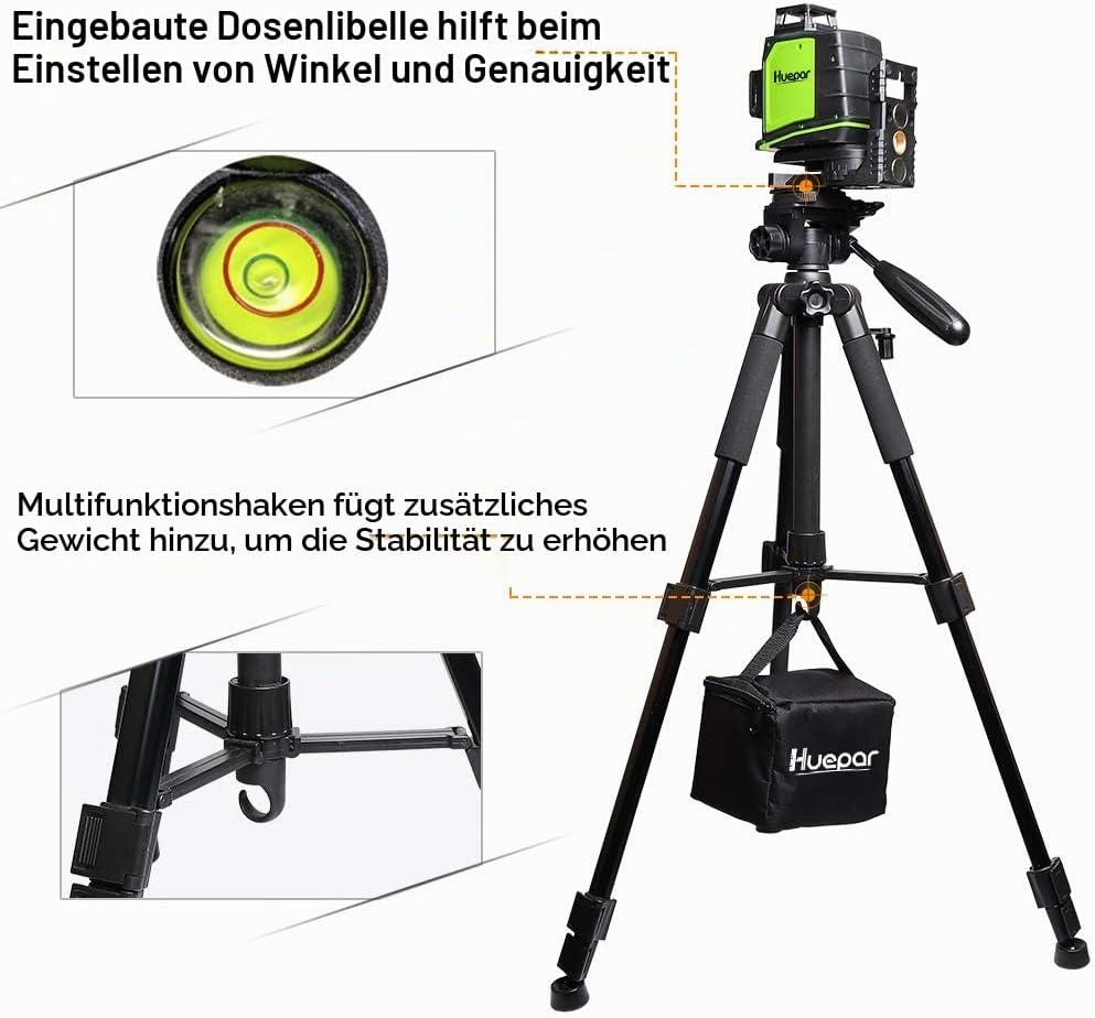Huepar TPD14 143 cm/56" Stativ für Kreuzlinienlaser, Verstellbares Leichtgewicht Reisestativ mit 3-W