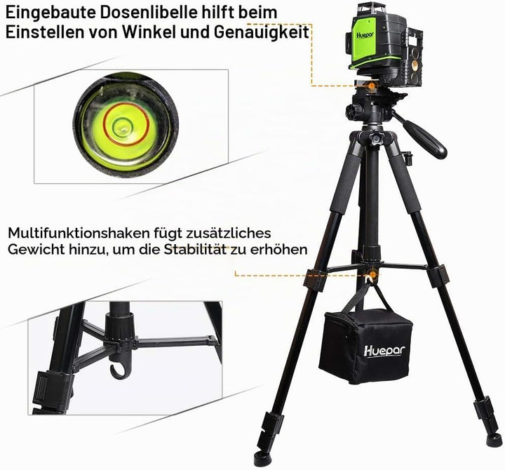 Huepar TPD14 143 cm/56" Stativ für Kreuzlinienlaser, Verstellbares Leichtgewicht Reisestativ mit 3-W