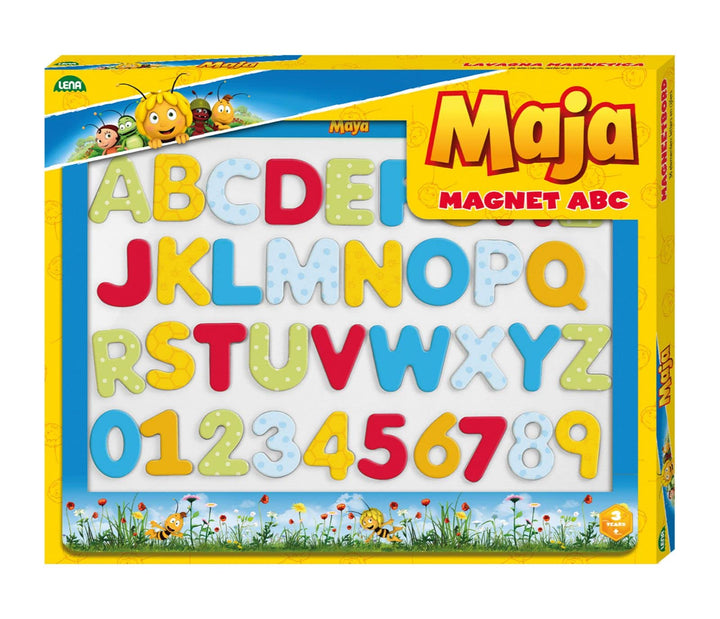 Lena 65821 Biene Maja Magnettafel, Lerntafel mit 26 Magnetbuchstaben und 10 Magnetzahlen, magnetisch