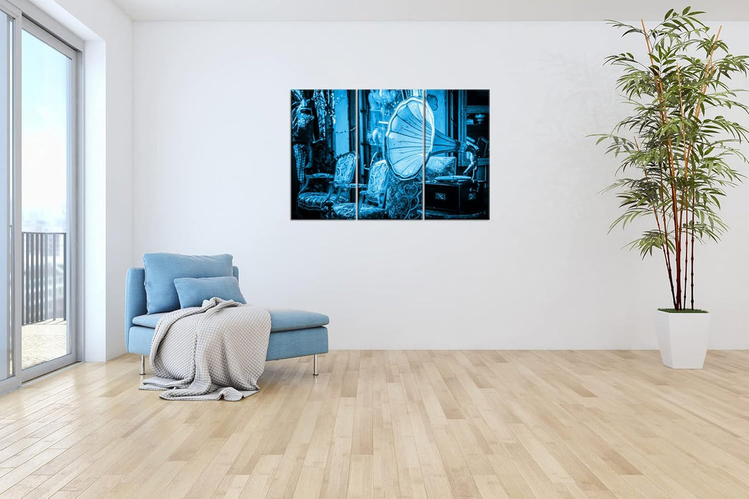 Plattenspieler Effekt: Zeichnung Format: 3-teilig 120x80 als Leinwandbild, Motiv fertig gerahmt auf
