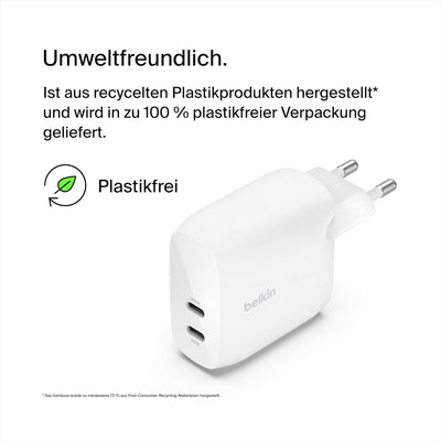 Belkin BoostCharge USB-C PD-Ladegerät mit 2 Anschlüssen und PPS, 60 Wfür Apple iPhone, iPad, Samsung