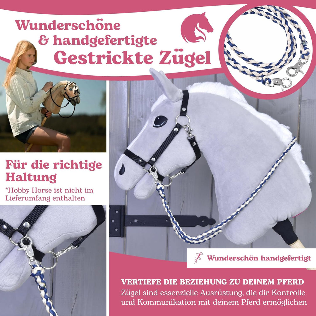 LarDen Hobby Horse Zubehör - Zügel | Cremo Blue (Beige, Blau) | Handgefertigt, Schön | für Steckenpf