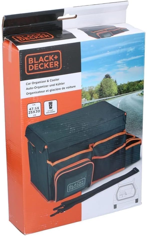 BLACK+DECKER Kofferraum-Organizer – 47,5 x 25 x 30 cm – mit Tragegurt – Getränkehalter – Grau/Orange