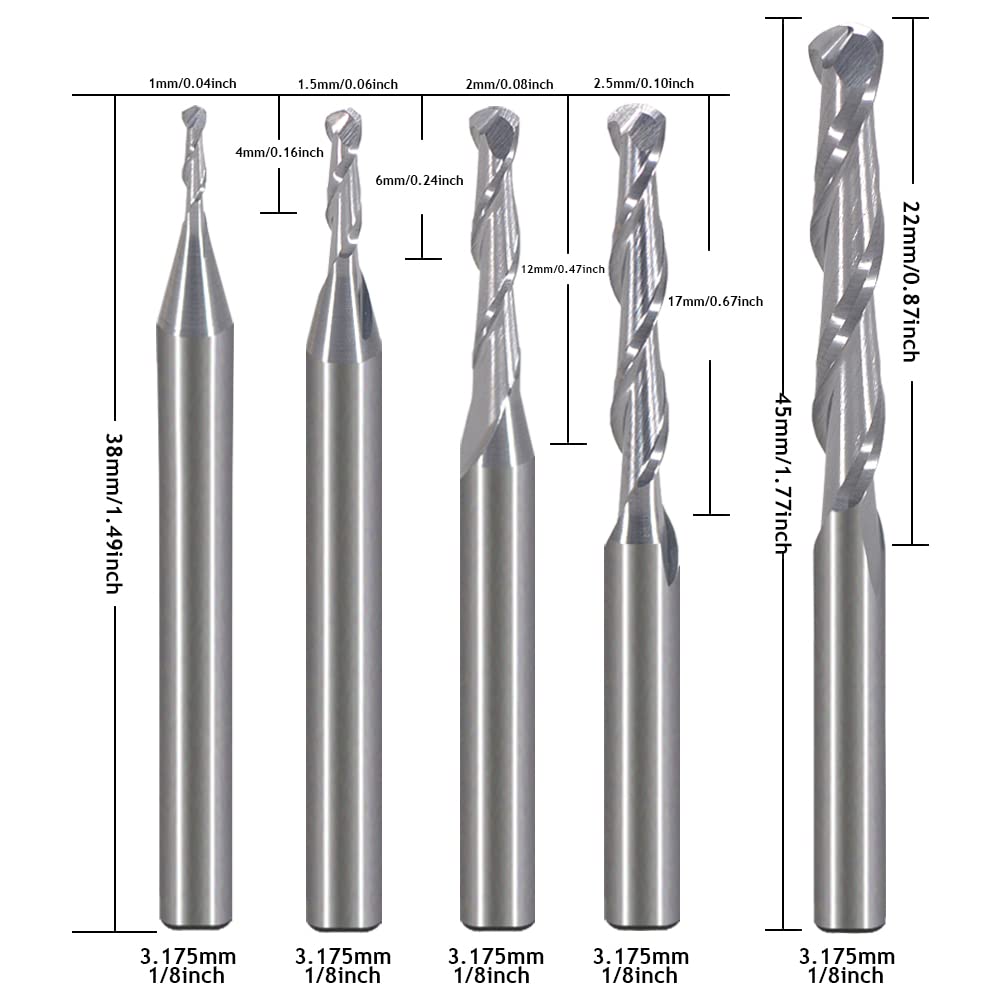 EU_HOZLY Fräser für Holzarbeiten, Durchmesser 1 mm, 1,5 mm, 2,0 mm, 2,5 mm, 3,175 mm, Hartmetall-Kug