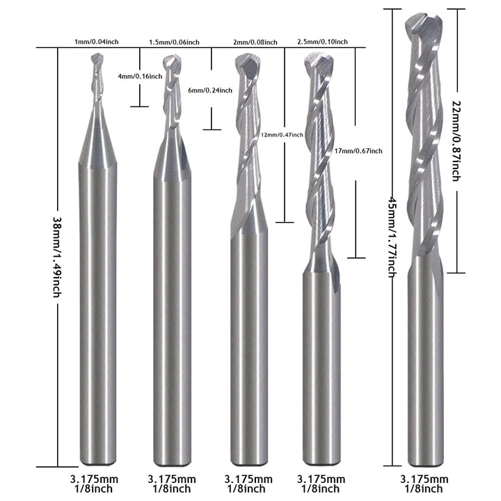 EU_HOZLY Fräser für Holzarbeiten, Durchmesser 1 mm, 1,5 mm, 2,0 mm, 2,5 mm, 3,175 mm, Hartmetall-Kug