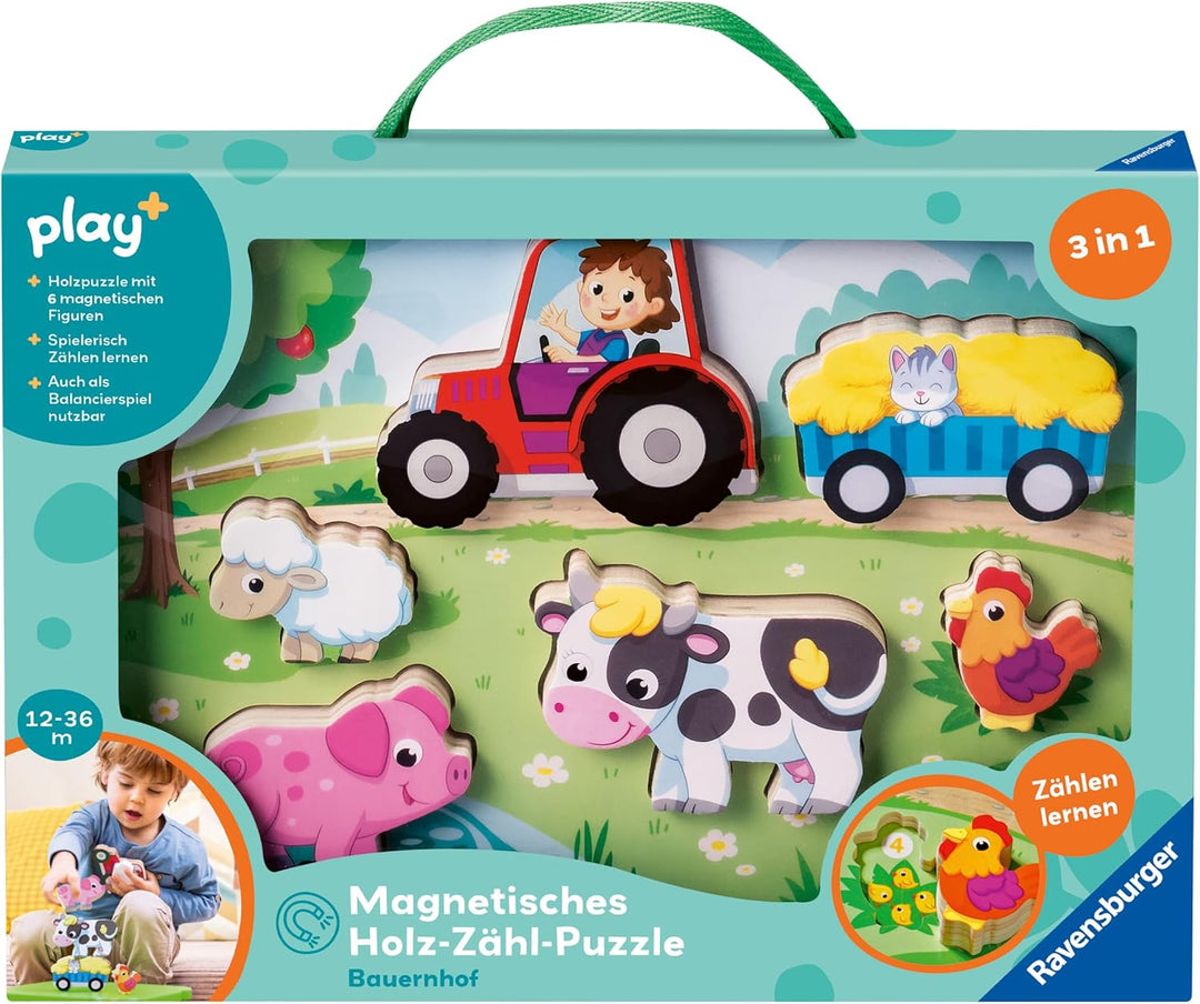 Ravensburger 12034123 Play+ Magnetisches Holz-Zähl-Puzzle: Bauernhof, Zählspiel und Balancierspiel f