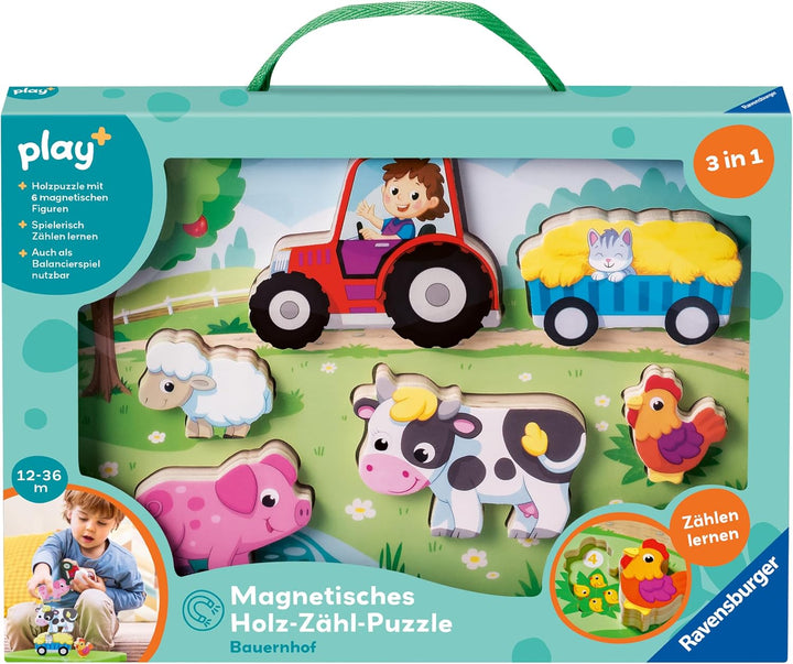Ravensburger 12034123 Play+ Magnetisches Holz-Zähl-Puzzle: Bauernhof, Zählspiel und Balancierspiel f