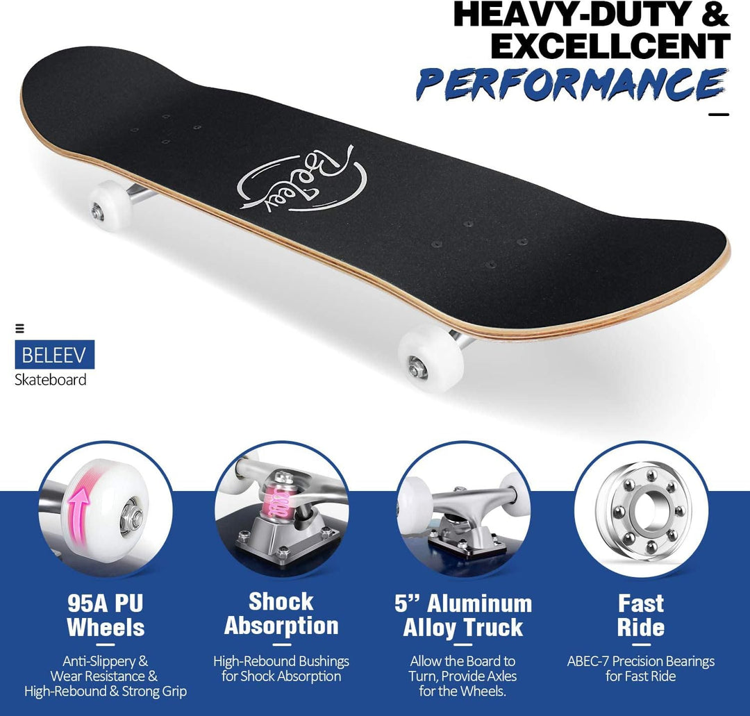 BELEEV Skateboard 31x8 Zoll Komplette Cruiser Skateboard für Kinder Jugendliche Erwachsene, 7-Lagige