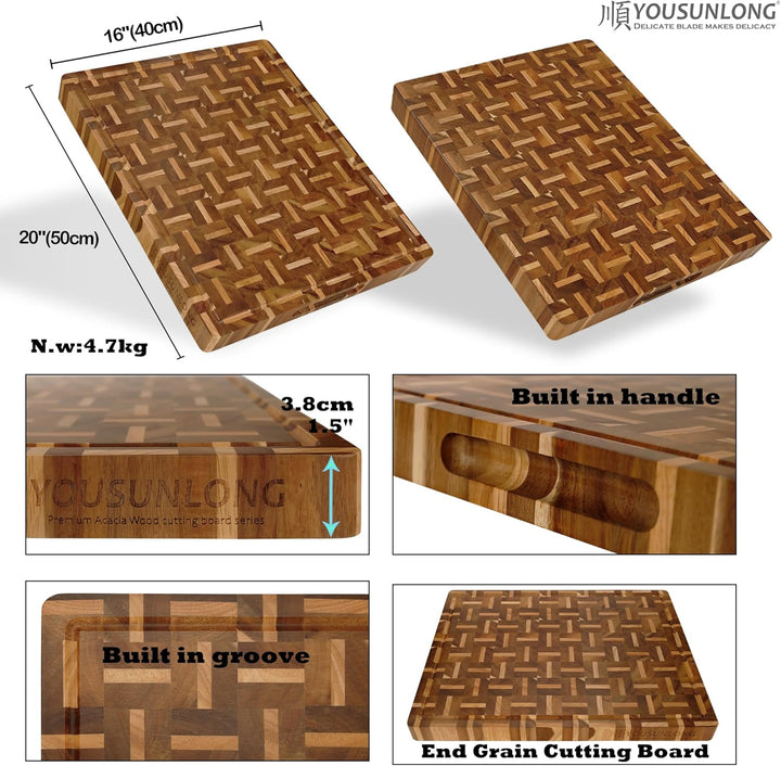 YOUSUNLONG End Grain Hackbretter - 50,8L x 40,6B x 3,8D cm - Fleischer-Block Eingebaute Saftrillen &