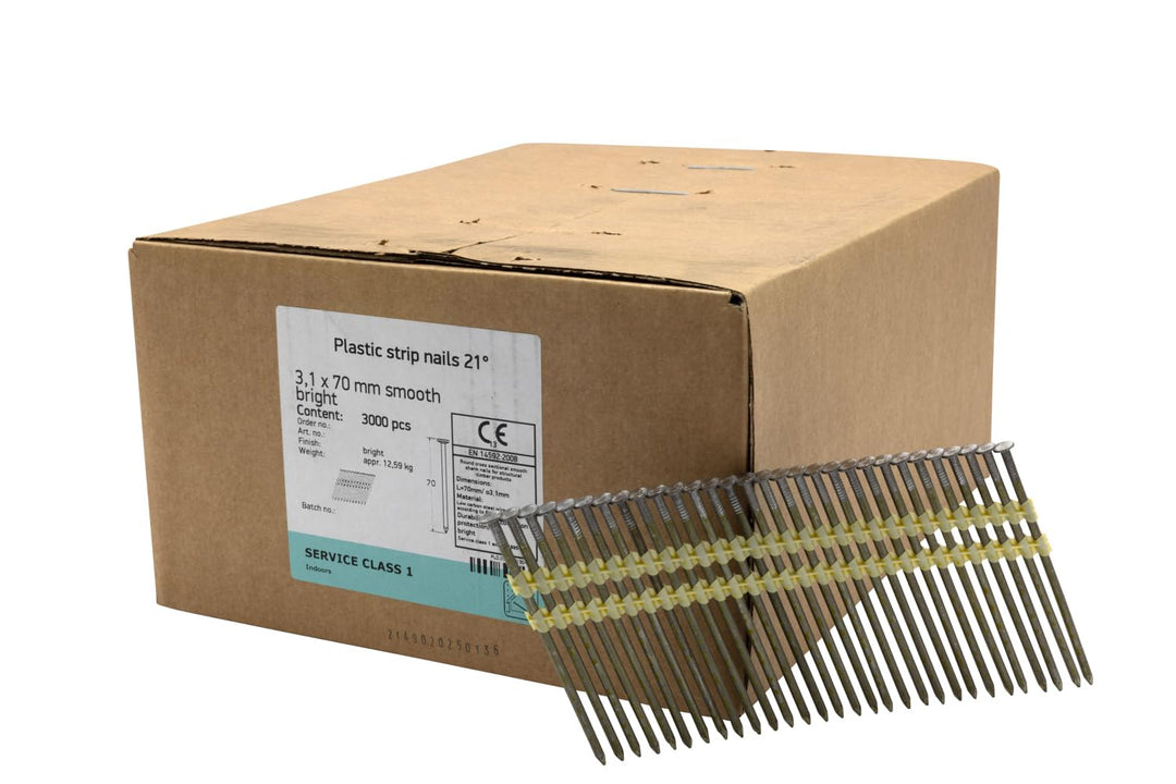21° Rundkopf Streifennägel - 3,1X70mm, 3.000 stück, Nägel für Druckluft-Nagler, Glatt/verzinkt, für