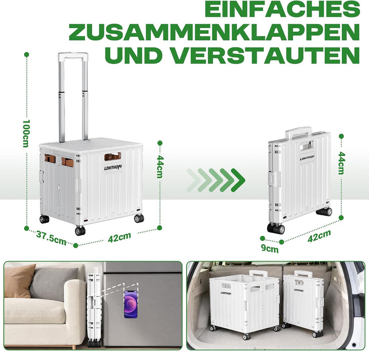 LDHTHOPI Einkaufstrolley klappbar 65L,MAX 50KG Trolley mit Teleskopgriff,4 Zerlegbaren Drehbaren Räd