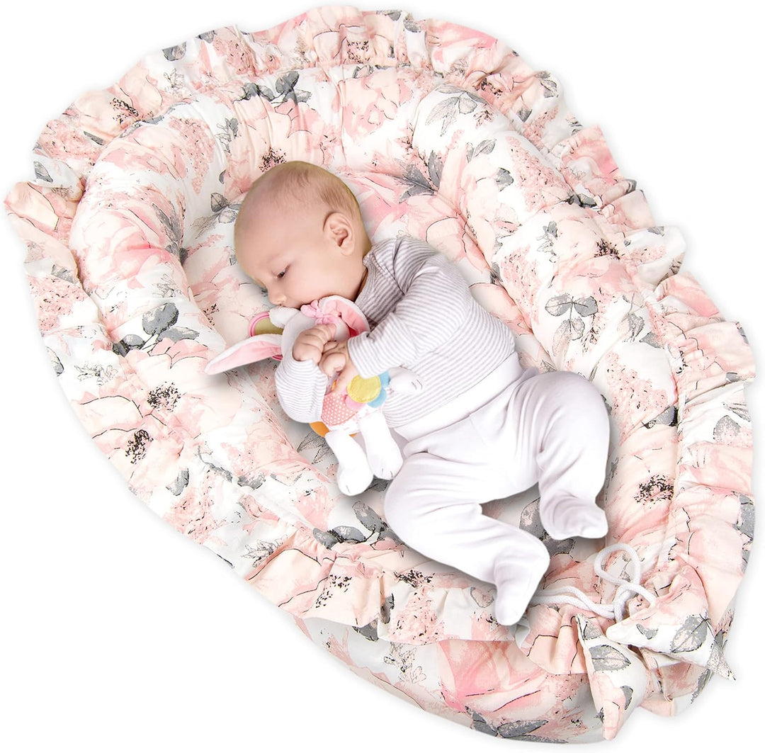 PIMKO Babynest mit rüschen Babynestchen für Baby Kuschelnest Babykokon für Säuglinge und Neugeborene