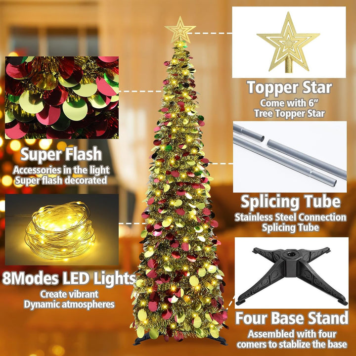 HMASYO 150 cm Pop-Up Lametta Weihnachtsbaum mit 50 Timer-Lichtern, Buntes Gold Zusammenklappbarer Kü